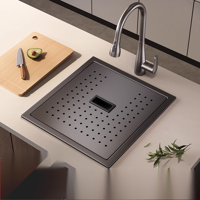 Black Dishwashing Sink with Small Grain Embossing, Small-Sized Sink, Bar Counter Invisible Sink with Cover, Western-Style Kitchen Hidden Island