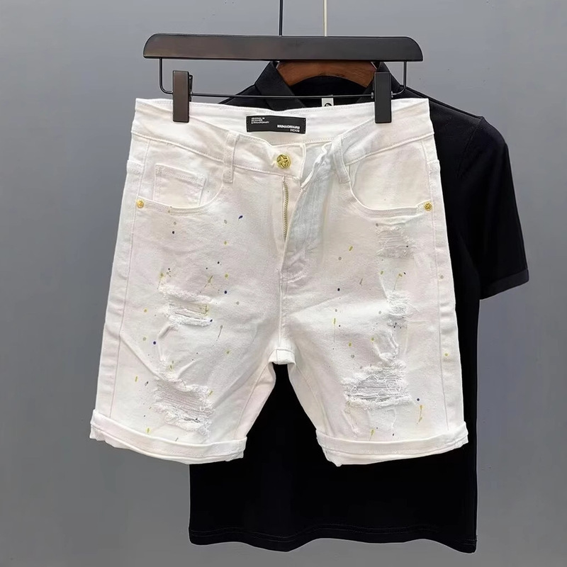 Trendy denim shorts with cat whiskers and ripped details, versatile for men, summer casual high street style, elastic four-quarter length Trendy denim shorts with cat whiskers and ripped details, versatile for men, summer casual high street style, elastic four-quarter length