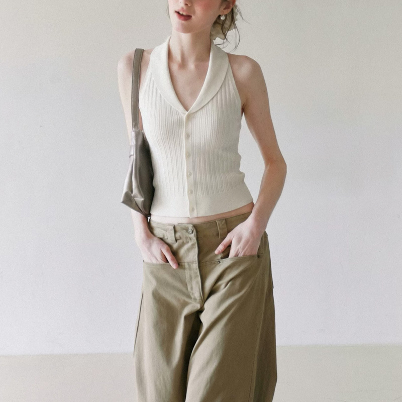 Basic White Knitted Halter Neck Tank Top for Women, Summer Design, Stylish Outerwear, Slim Fit, Sleeveless, High-End Feel