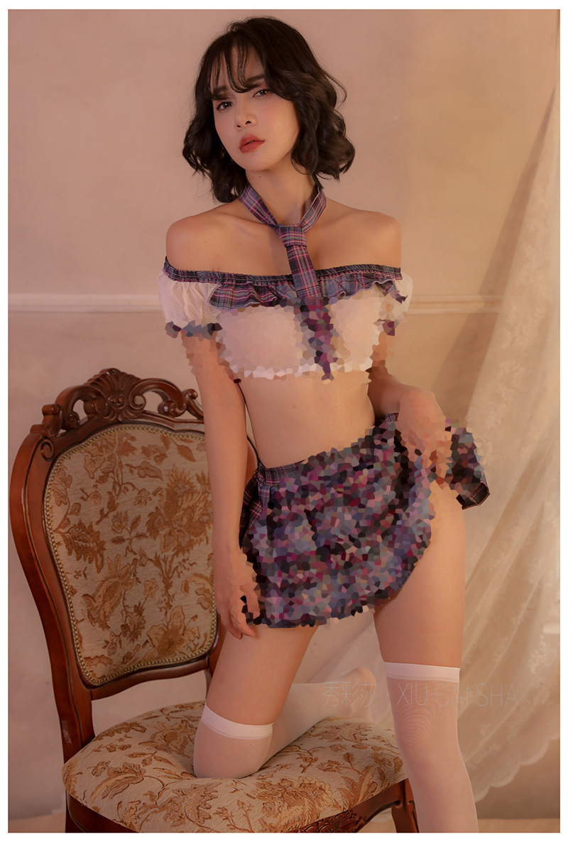 One-Shoulder See-Through Schoolgirl Costume Set with Plaid Skirt, Tie and Thong — detail image 18