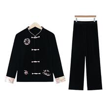 国风妈妈秋装新中式盘扣套装阔太太中老年女装春秋金丝绒刺绣外套