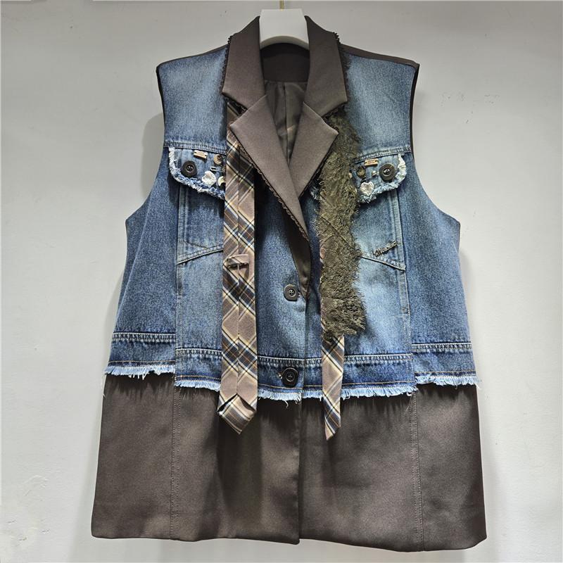 Productos europeos otoño / invierno 2025 nuevo encaje de denim empalmado sensación de decoración tridimensional suelta chaleco chaqueta de mujer image 2
