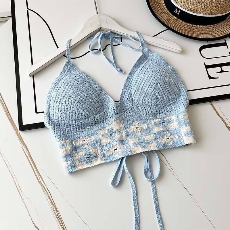 Ethnic style fashion sexy small camisole seaside beach lace-up hollow-out knitted short halter shirt for women