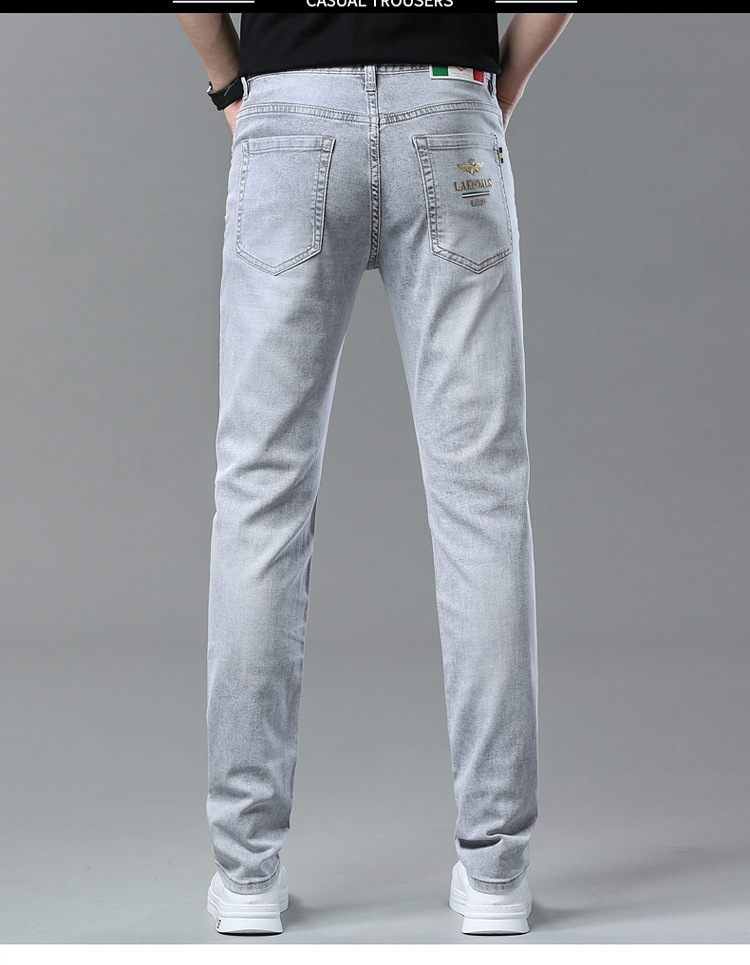 Men's Embroidered Jeans Slim Fit Stretch Denim Trousers, Smoke Grey Vintage Straight Leg Pants For Spring_viptrois.com