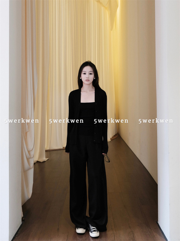5werkwen 黑色高级感直筒西装裤春夏高腰显瘦拖地裤休闲阔腿长裤|undefined