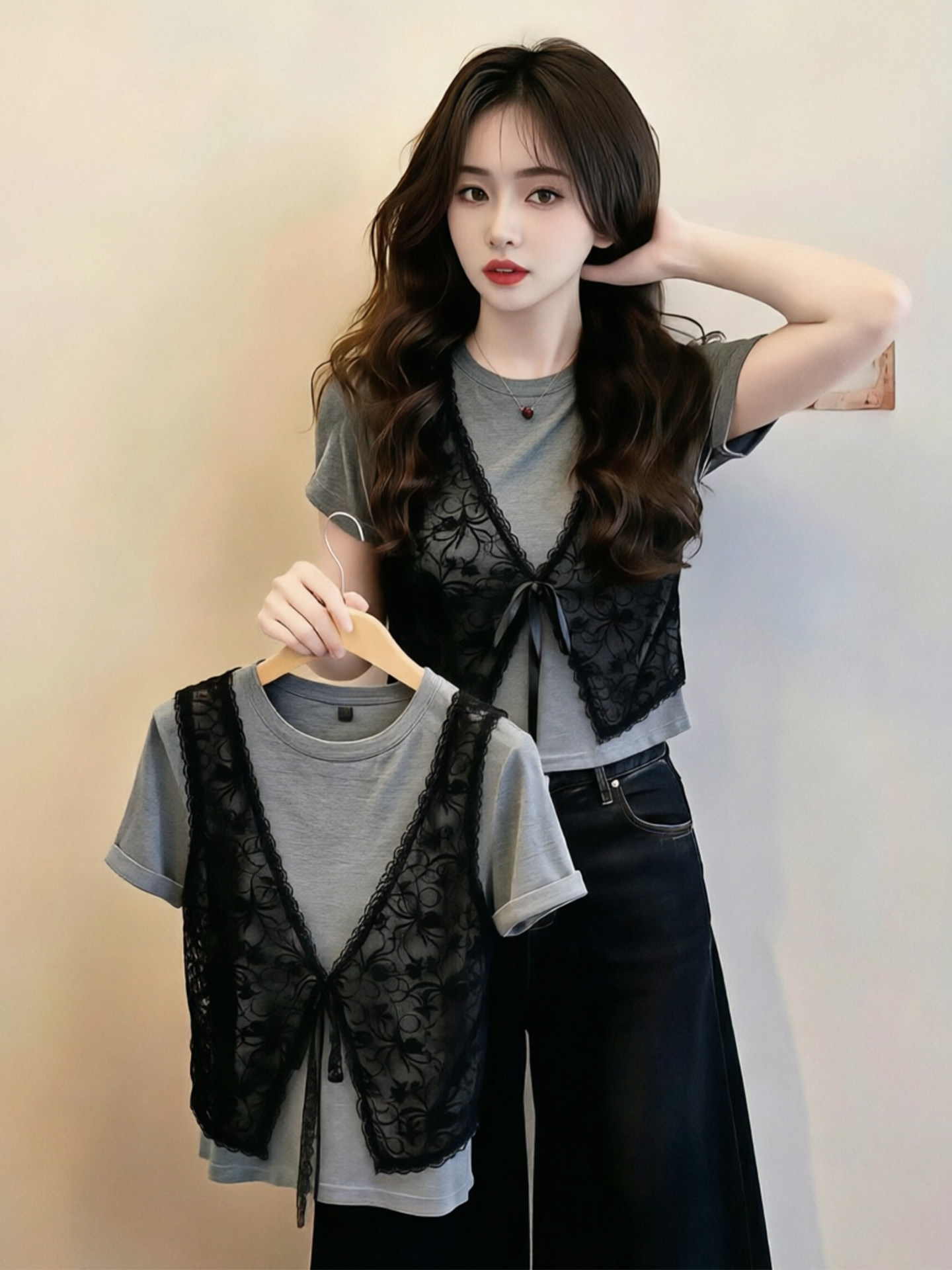 Áo thun nữ cổ tròn tay ngắn ren giả hai lớp phối ren eo — màu xám