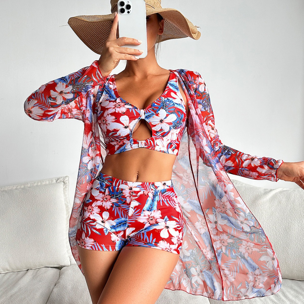 Mingyi 2024 nueva moda europea y americana sexy de alta gama multicolor impreso de tres piezas BIKINI traje de baño de mujer