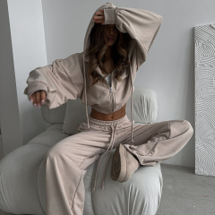 欧美女士休闲套装纯色长袖拉链开衫抽绳连帽卫衣运动松紧裤二件套