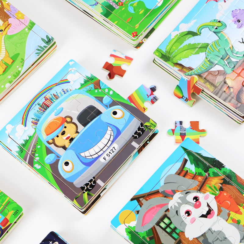 Venta caliente 16 piezas de madera rompecabezas niños Animal dinosaurio de dibujos animados avión rompecabezas bebé educación temprana rompecabezas cognitivo