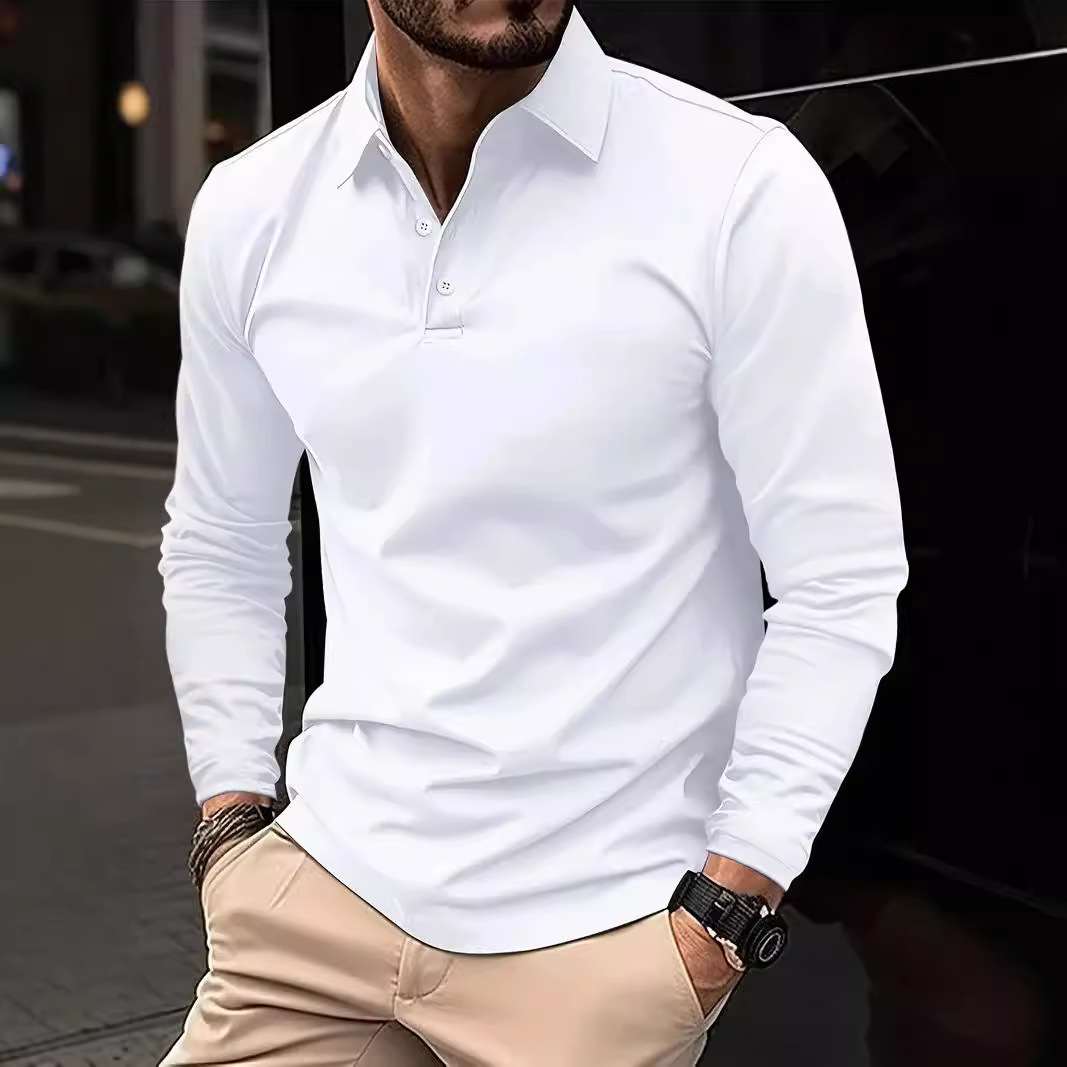2024 Spring and Autumn Polo Shirt New Fashionable Collar Three Button Long Sleeve Solid Color Men's Top_voghion.com