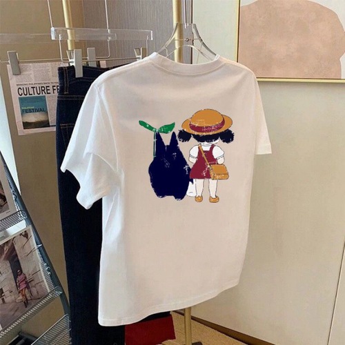 2025 Summer Square Shoulder Fashion Women's Short Sleeve T-Shirt Loose Cartoon Print White Slimming Top Instagram Trend