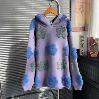 软糯风紫色花朵刺绣连帽毛衣女秋冬新款宽松显瘦设计感针织衫上衣