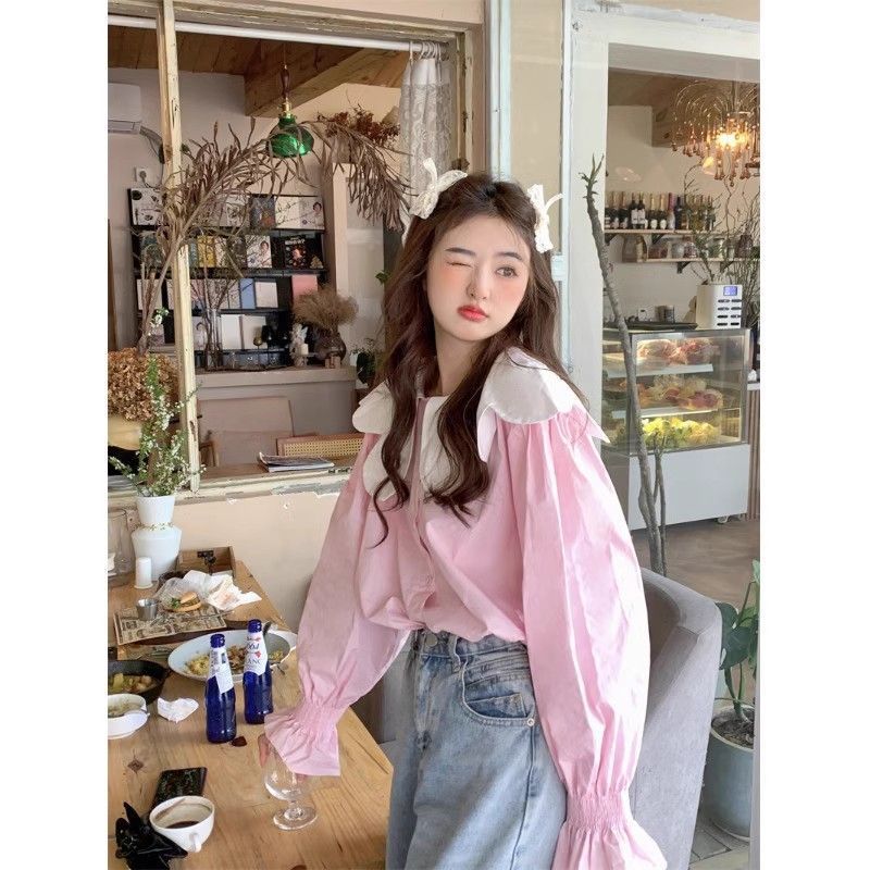 韩系甜美减龄撞色娃娃领衬衫女秋季2025新款宽松洋气长袖显瘦上衣|undefined