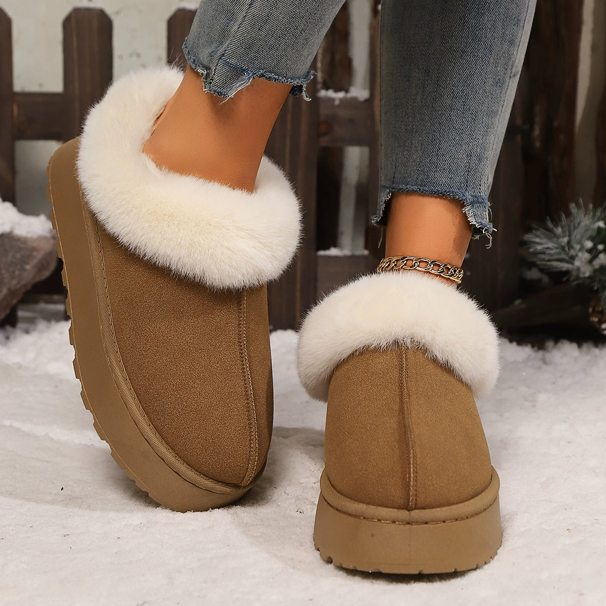 Platform ankle boots, faux‑fur lined warm slip‑on, plus sizes 36–43, black or yellow