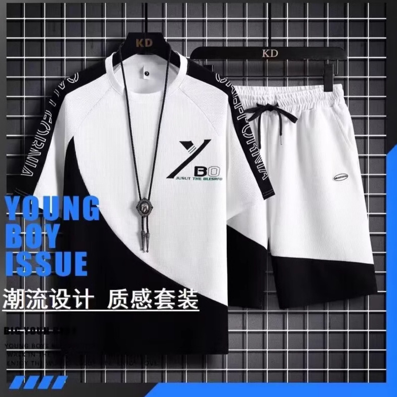 Camisas y menos ropa, pantalones cortos de gofro, tendencia de verano para hombres, traje deportivo de ocio suelto de cinco puntos