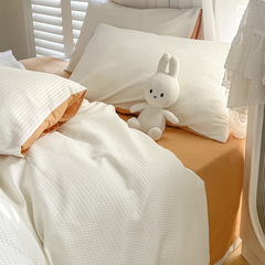 Solid color 100% washed cotton four-piece set soft naked sleeping sheets quilt cover pillow student dormitory bedding three-piece set