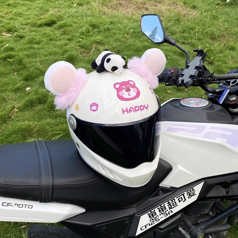 Pink Bear Ear Helmet Decoration, Plush, Detachable, Universal Motorcycle/Ski Helmet Accessory