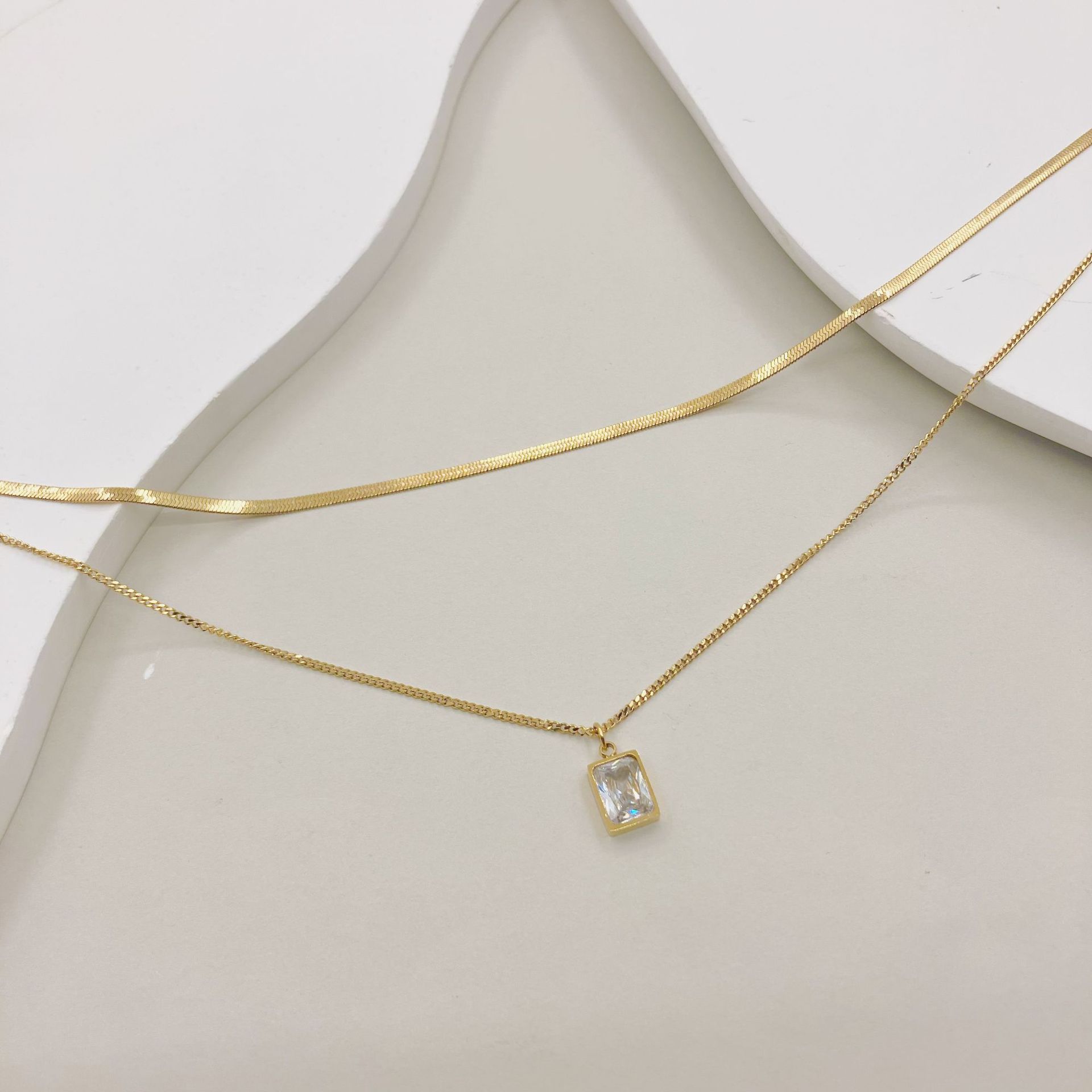 Fashion Square Stainless Steel Titanium Steel Inlay Zircon Layered Necklaces 1 Piece