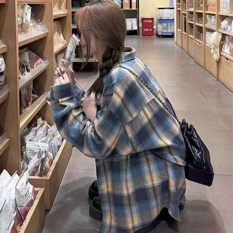 春季格子衬衫女韩版慵懒时尚宽松显瘦百搭开衫休闲外套女装粉色|undefined