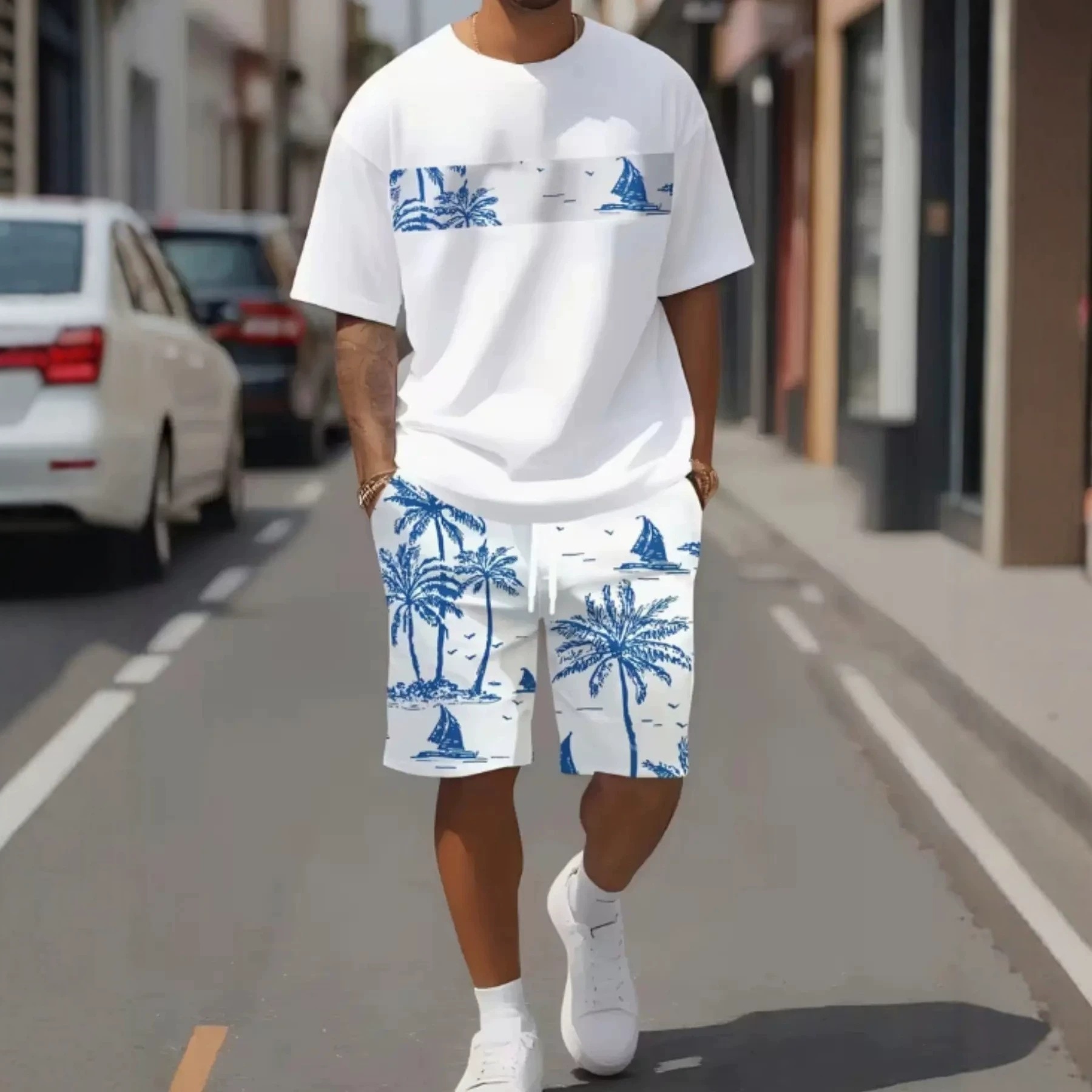 Summer 3D Sailboat Print Men's Suit Casual Loose Fit Versatile Comfortable Everyday Wear_viptrois.com