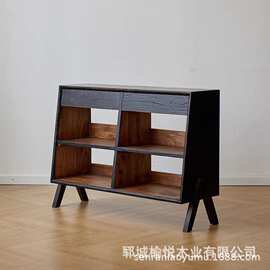 老榆木餐边柜中古风黑色边柜实木茶水柜橱柜玄关储物柜实木柜子