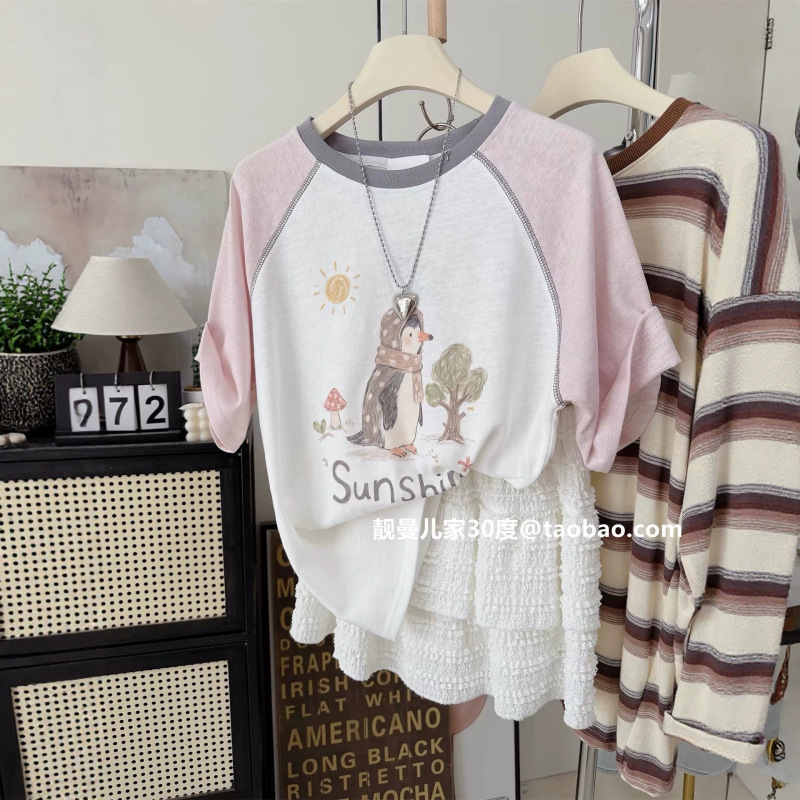 G514 # 【Snowflake Cotton】Extra Large Size 150kg Loose Fit Little Penguin Print Top Korean Style Insert Sleeve Short Sleeve T-Shirt