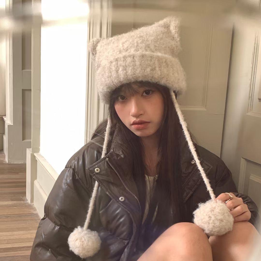 日系秋冬保暖护耳猫耳朵可爱毛球纯色针织帽百搭加厚毛线帽新款