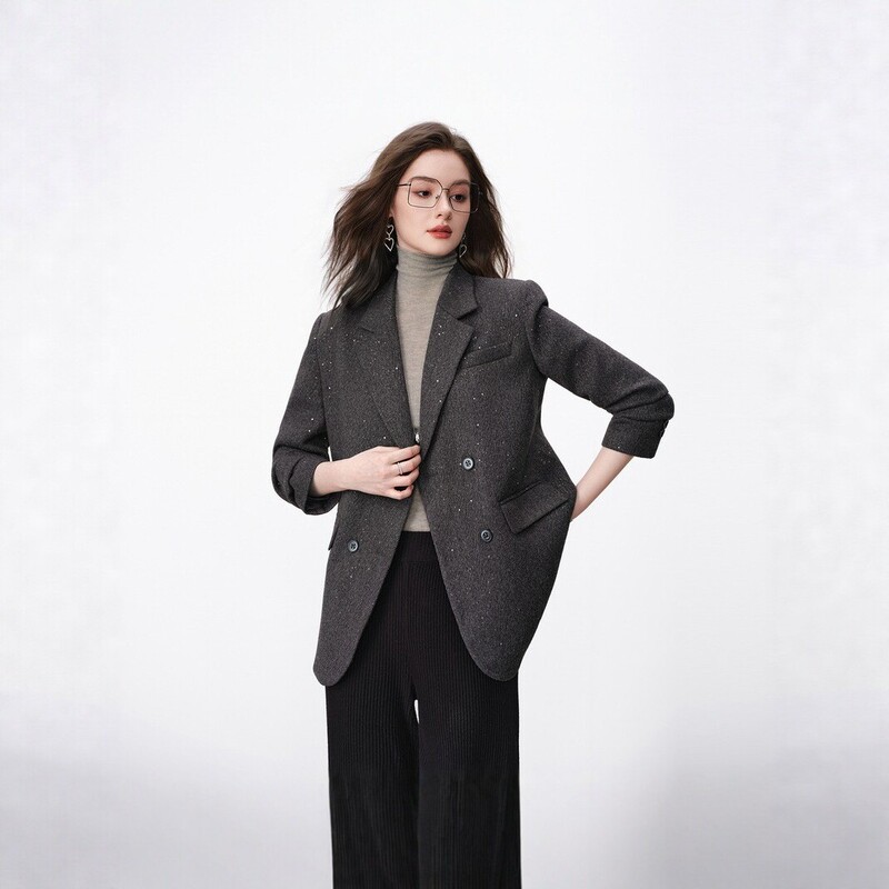 Black double-breasted shiny woolen blazer for women, 2026 autumn and winter, elegant slim-fit long-sleeve suit jacket for women Black double-breasted shiny woolen blazer for women, 2026 autumn and winter, elegant slim-fit long-sleeve suit jacket for women