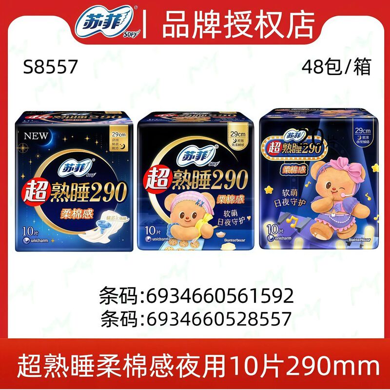 Sophie Sanitary Napkins for Night Use, Ultra-Slim, Super Soft Cotton Feel, Winged Protection, 290mm, 10 Pieces, Whole Box Wholesale # S855