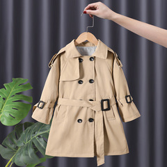 Women's Spring 2024 Fashion New Children's Medium Long Pure Color Waist-Binding Collar Coat Fashion English Style Overcoat