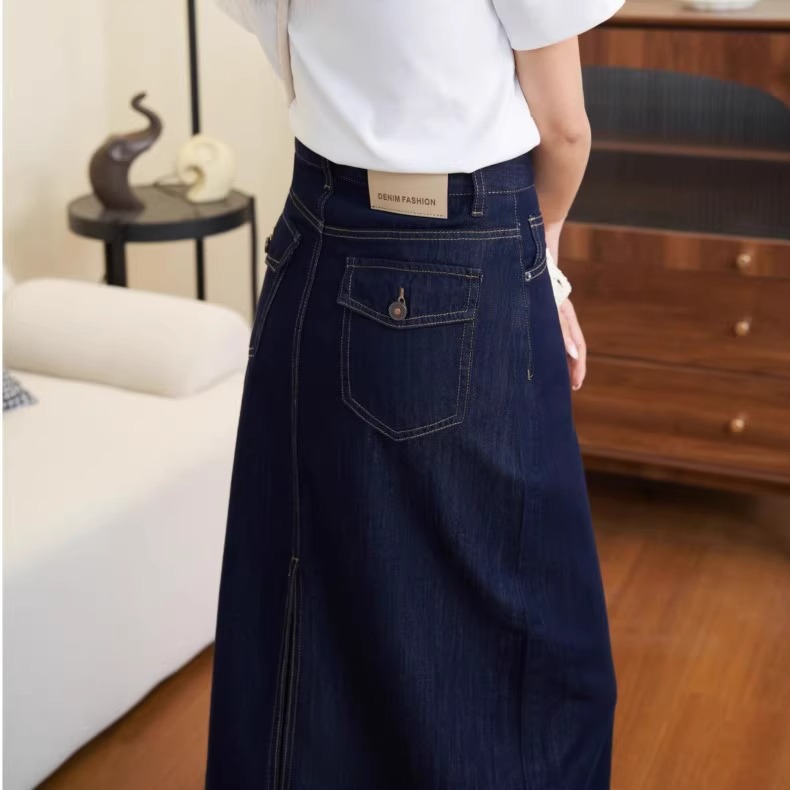 Chân váy denim chữ A Lycell mỏng mùa hè, dáng dài vừa, xẻ tà, rộng rãi tôn dáng — Xanh denim chi tiết 3
