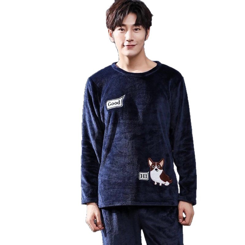 Fábrica de fuente gran cantidad de pedidos de pijamas de hombre otoño y invierno de coral espesaje de dibujos animados de franela conjunto de ropa para el hogar