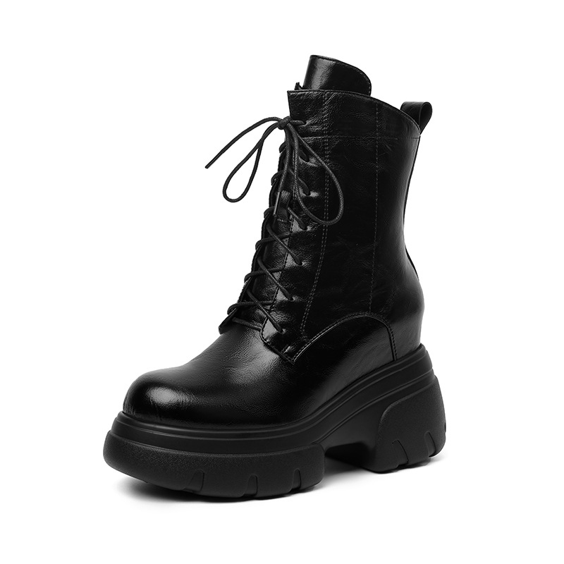 Boot Martin nữ đế xuồng da thật mũi tròn gót cao 6 cm dây buộc — nhung đen, Nhung nâu, Lớp lót đơn màu đen, Lớp lót đơn màu nâu
