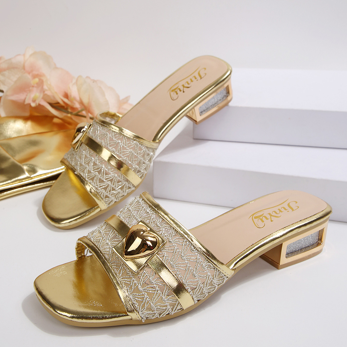 Sandalias de Tacón Alto para Mujer de Cuero Artificial con Puntera Cuadrada y Cadena Decorativa para Verano
