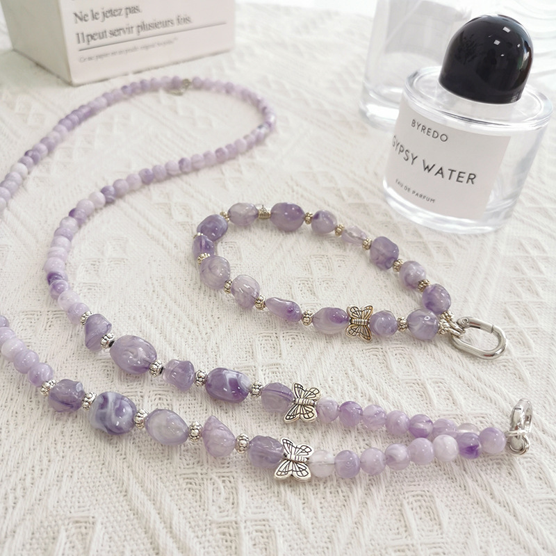 Liuyun Purple Imitation Natural Stone Beaded Ethnic Mobile Phone Chain Multi-use Long Crossbody Neck Hand-held Hanging Chain Hanging Ornaments