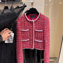 真丝里衬~25k秋冬新款红色羊毛粗花呢手工编织边小香短款夹克外套