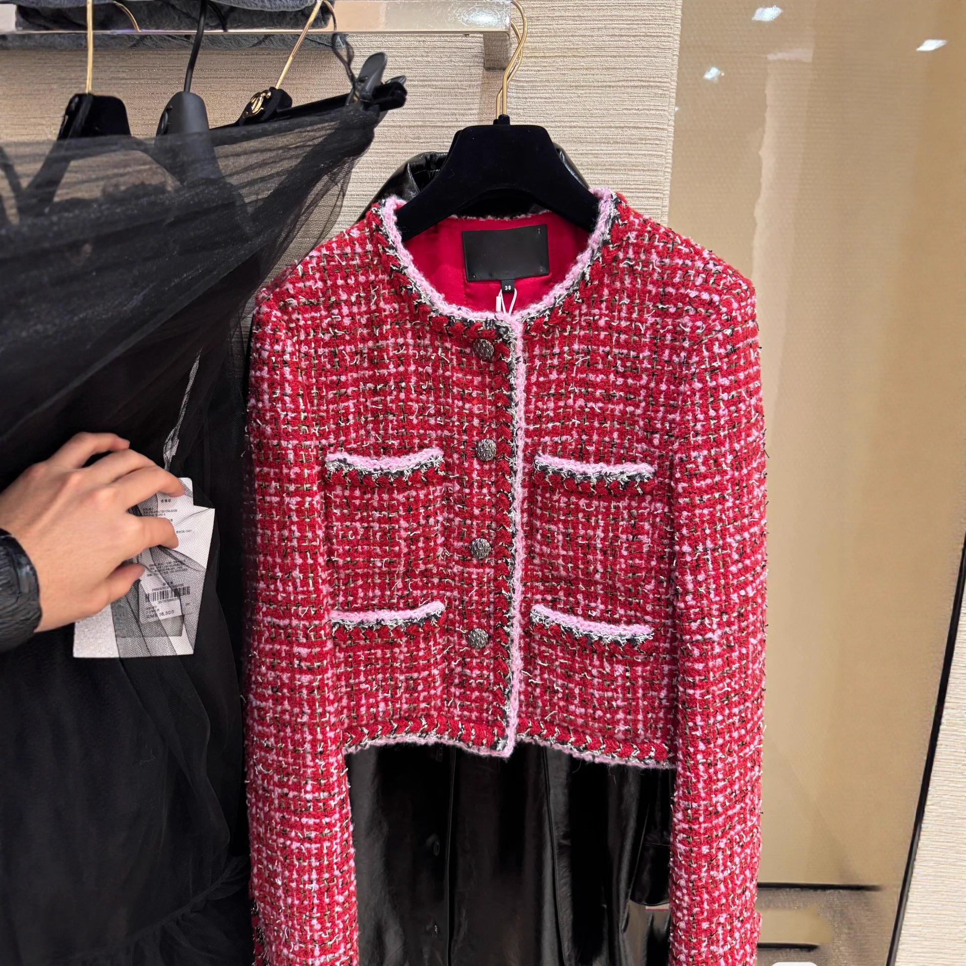 真丝里衬~25k秋冬新款红色羊毛粗花呢手工编织边小香短款夹克外套