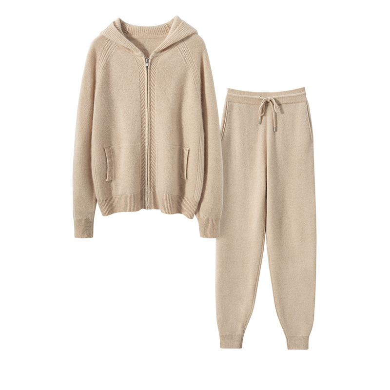 Hooded Simple Solid Color Women's Cashmere Zipper Cardigan Loose Casual Sports Pants Thickened Knitted Two-piece Suit