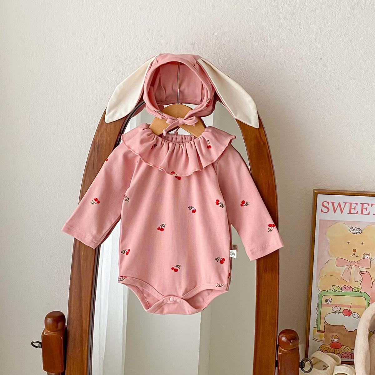 Ropa de otoño para bebé, estilo coreano, pelele para recién nacida, mono de princesa para bebé, pelele de luna llena, traje de gateo con estampado de cerezas