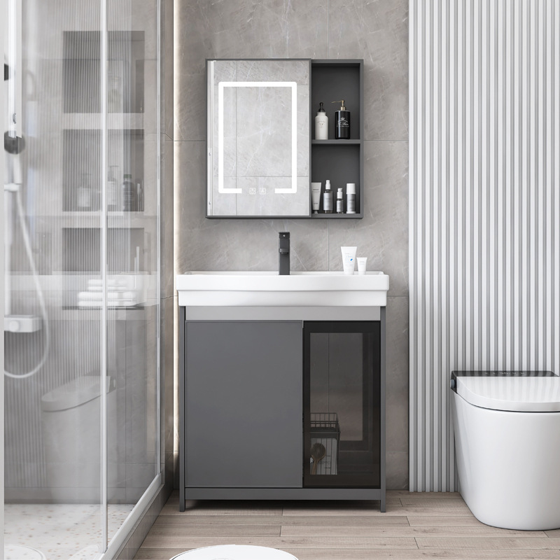 Puerta de vidrio tipo piso espacio gabinete de baño de aluminio balcón gabinete lavabo vertical pequeño tipo lavabo piscina