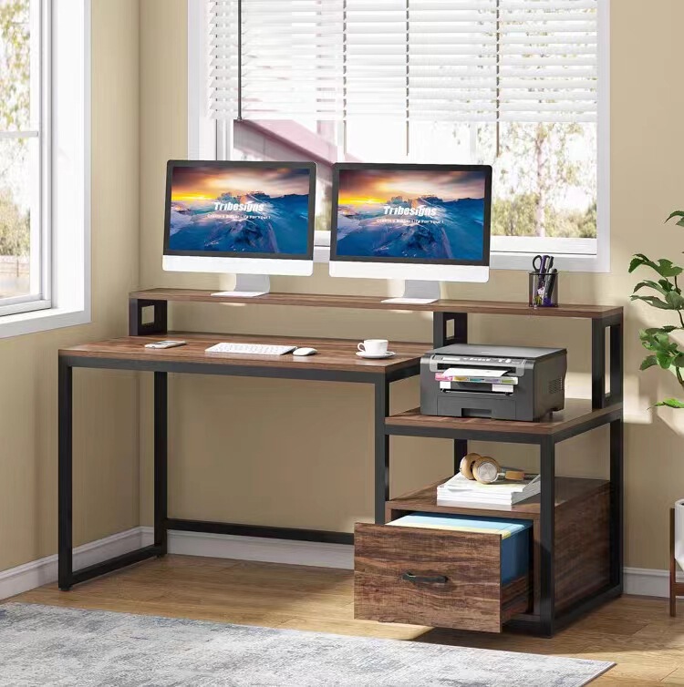 Double-Layer Computer Desk with Drawers for Printer, Study Room Storage Desk, Work Table, Modern Minimalist Home Use
