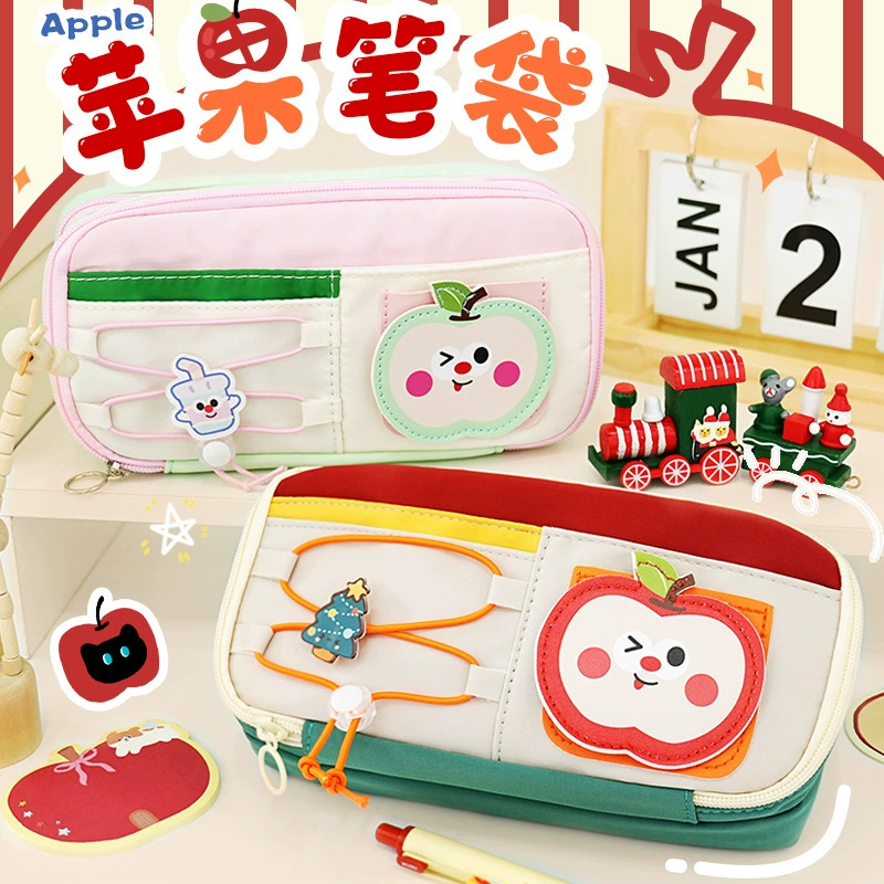 Apple, cute capacious pencil case, high quality multilayer stationery for elementary school students, drawstring, new collection