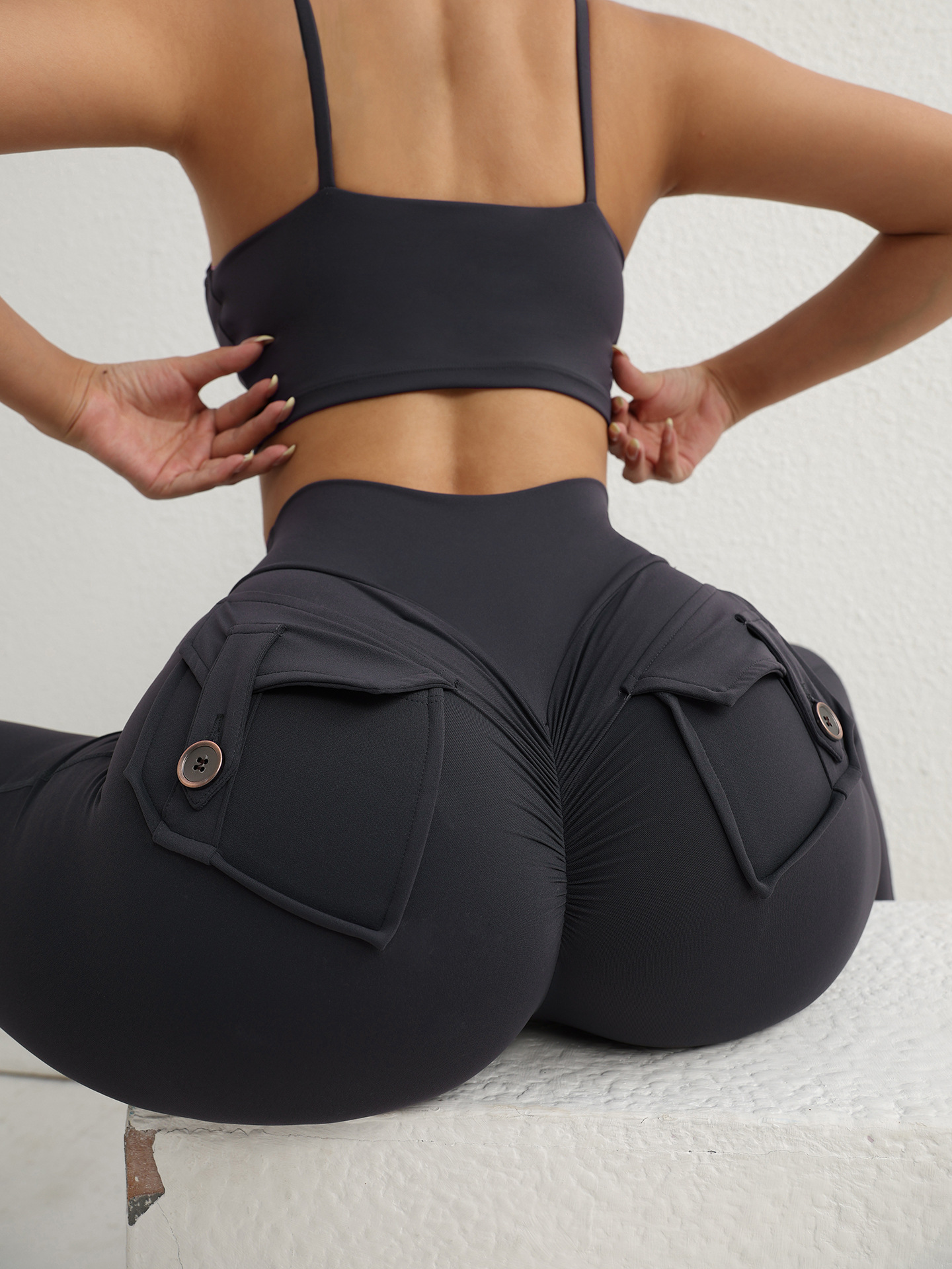 Botones ajustados desnudos de herramientas de cintura alta, pantalones de bolsillo, pantalones deportivos, pantalones de fitness