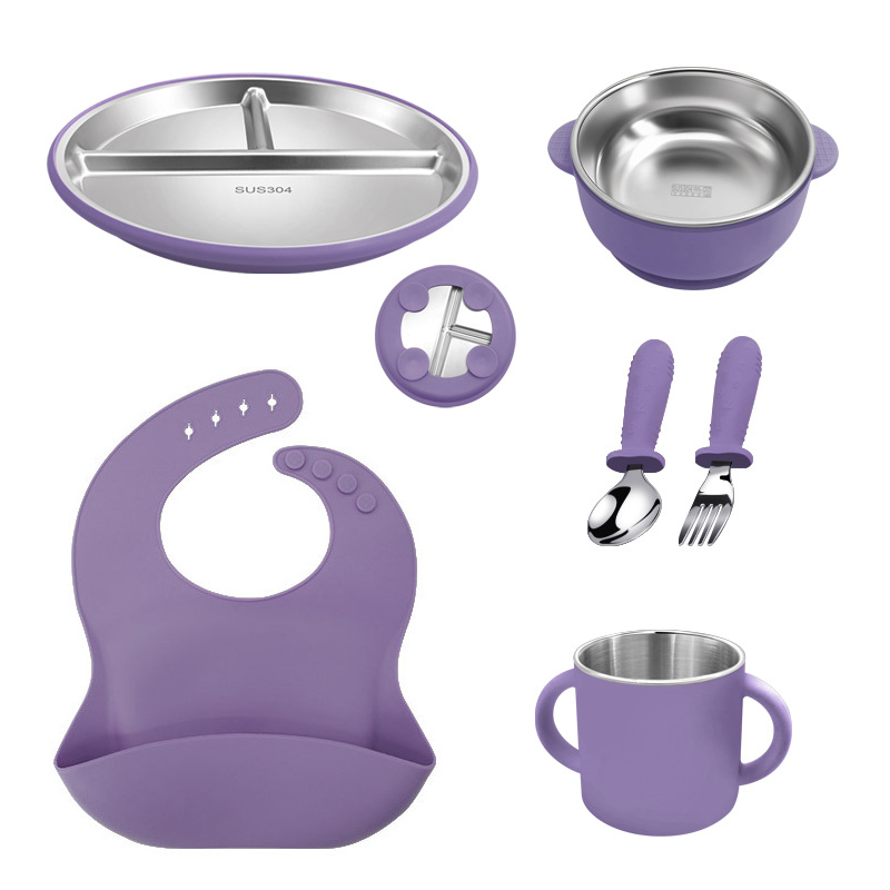 Placa de comedor de acero inoxidable para niños, taza de agua de silicona binaural, taza para beber para bebés de grado alimenticio