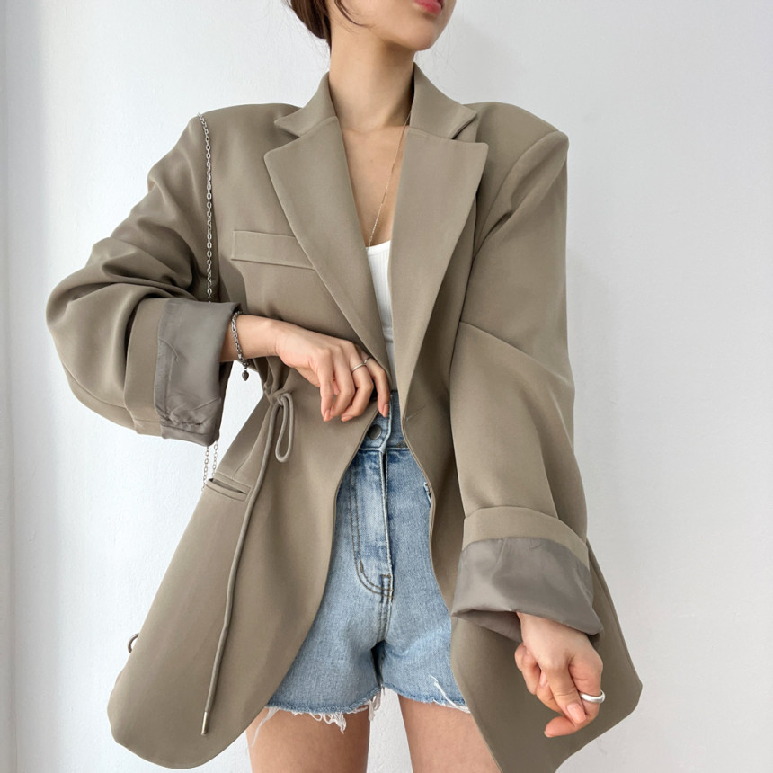 Korean Chic Autumn And Winter French Retro Style Blazer With Drawstring Waist, Slimming Effect, Pockets, Versatile_ecoleips.com