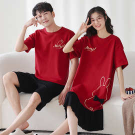 夏季短袖睡衣卡通纯棉可爱女生睡裙大红薄款情侣家居服男青年套装