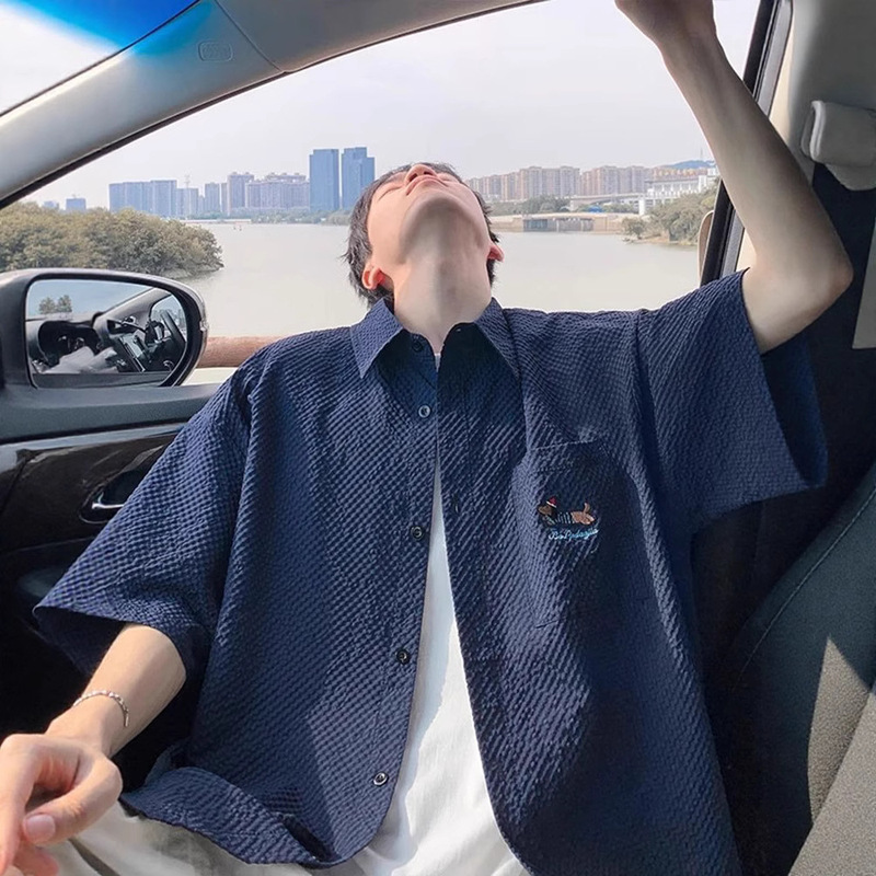 Seersucker Quick-Drying Short-Sleeved Shirt Men's Summer Thin Dachshund Embroidered Lapel Shirt Youth Half-Sleeved Jacket