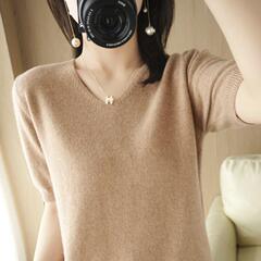 春の新作半袖レディース秋冬セーターニットVネック半袖トレンディ韓国風ルーズボトムシャツTシャツレディーススリムフィット