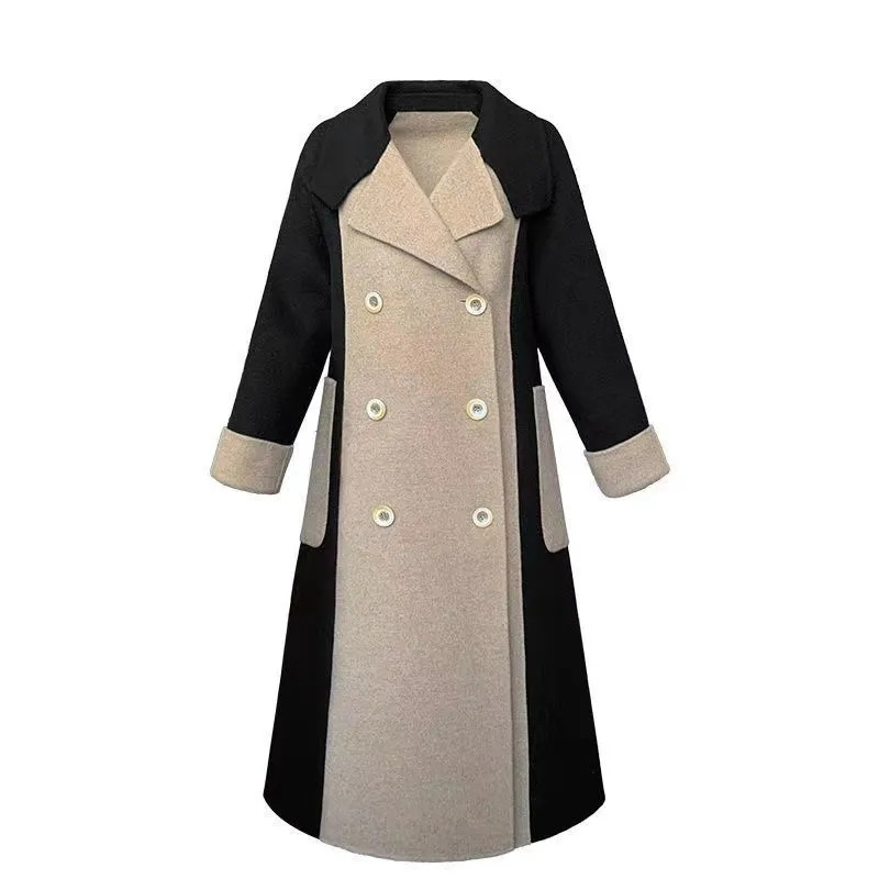 Ropa de mujer Invierno nuevo abrigo de lana ajustado estilo Hepburn de temperamento a juego de colores de talla grande suelto abrigo de cinturón largo para mujer_voghion.com