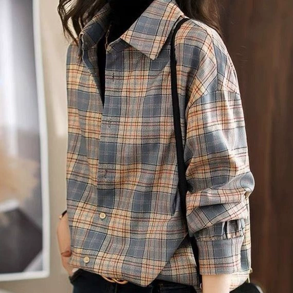 Женская рубашка в клетку, весна-осень 2025, новая корейская мода, миниатюрный повседневный топ, жакет, рубашка с длинными рукавами и многослойная